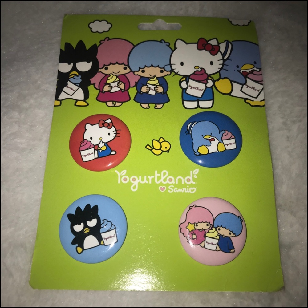 Yogurtland X Sanrio pins & mini Hello Kitty figurine